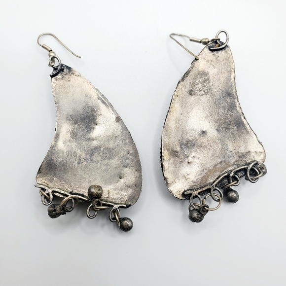 Artisan natural stones hand cut silver earrings butterfly wings vintage stunning - Picture 3 of 10